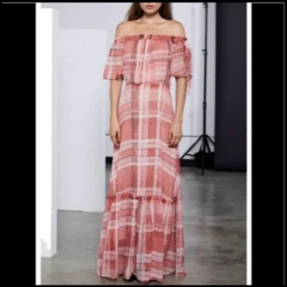 Lenon x Anthropologie Plaid Off Shoulder Tiered Maxi Dress Red/Pink Size M - NWT - Picture 1 of 16